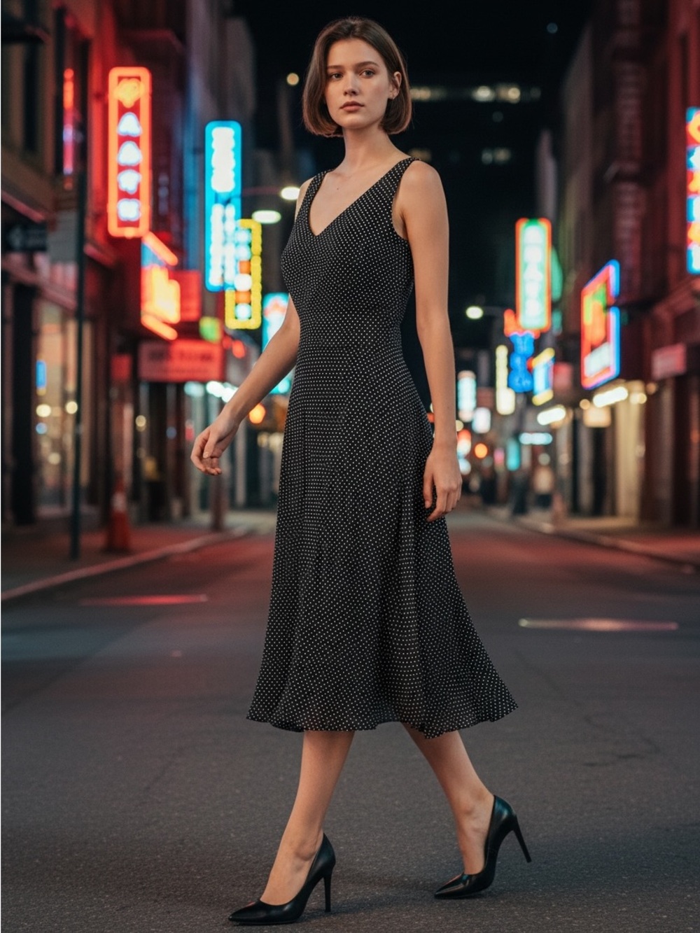 Ann Taylor Black Polka Dot V-Neck Midi Dress